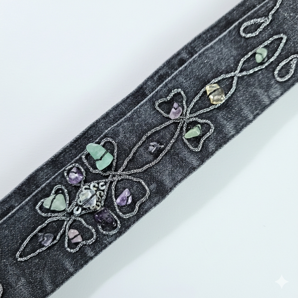 Belt 40-50" Vintage Black Denim Gemstone Embroidered Grosgrain Ribbon Wrap Tie - Picture 9 of 10